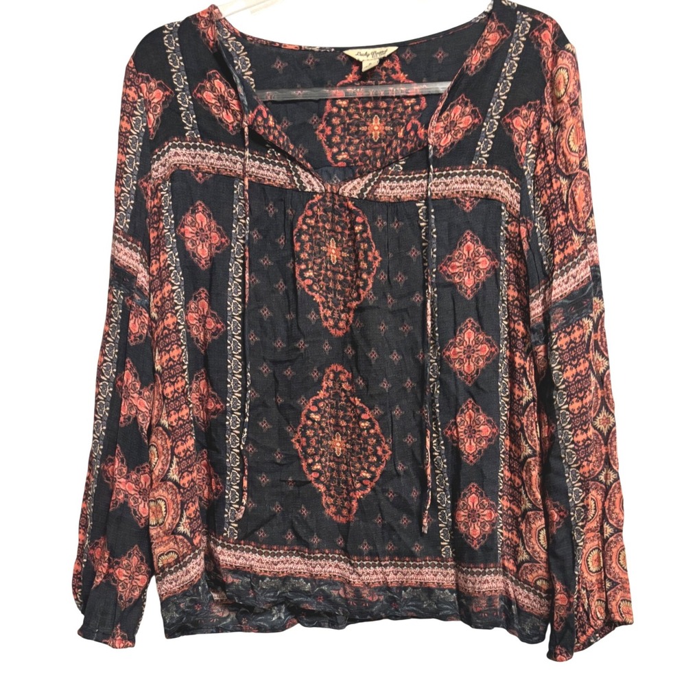 Lucky‎ Brand Boho Peasant Blouse Women's Small Print Long Sleeve Tie Neck